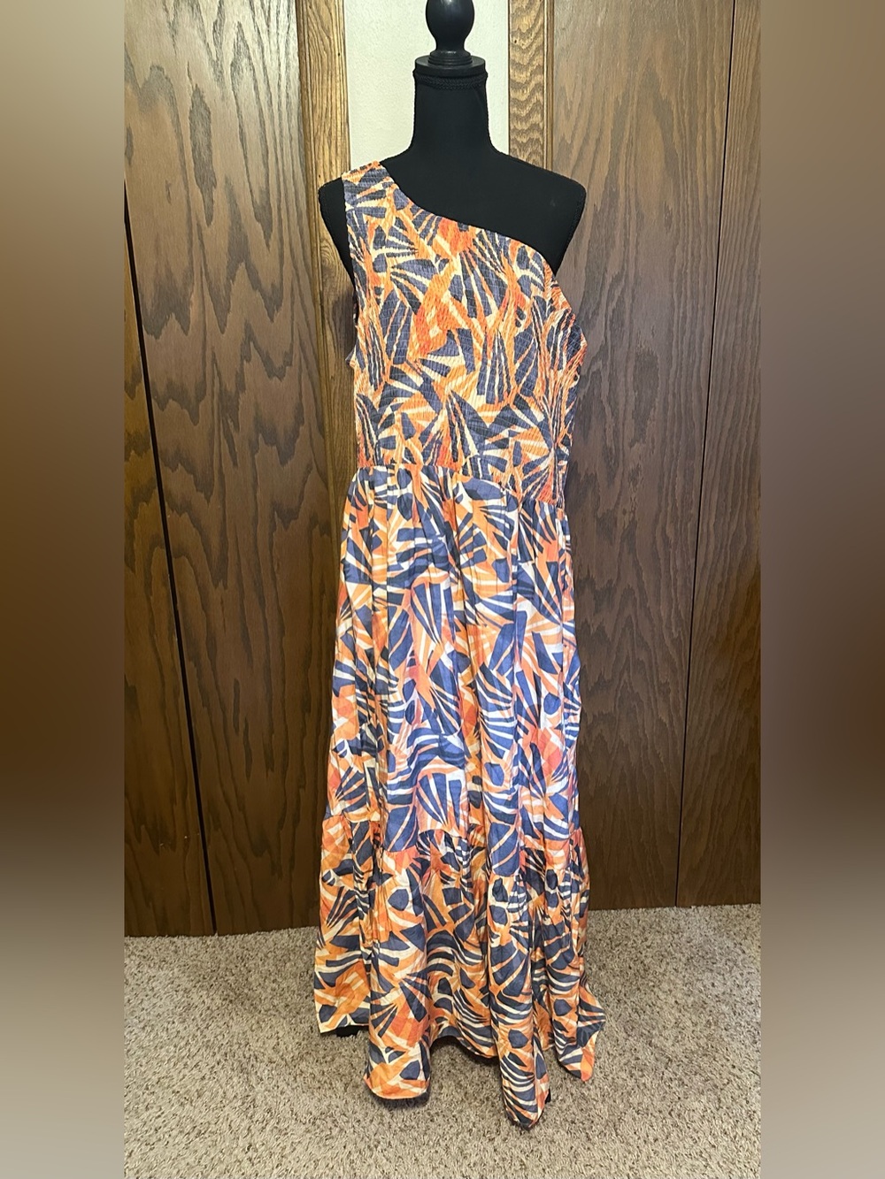 Nine West One-Shoulder Orange & Navy Leaf-Print Maxi Dress